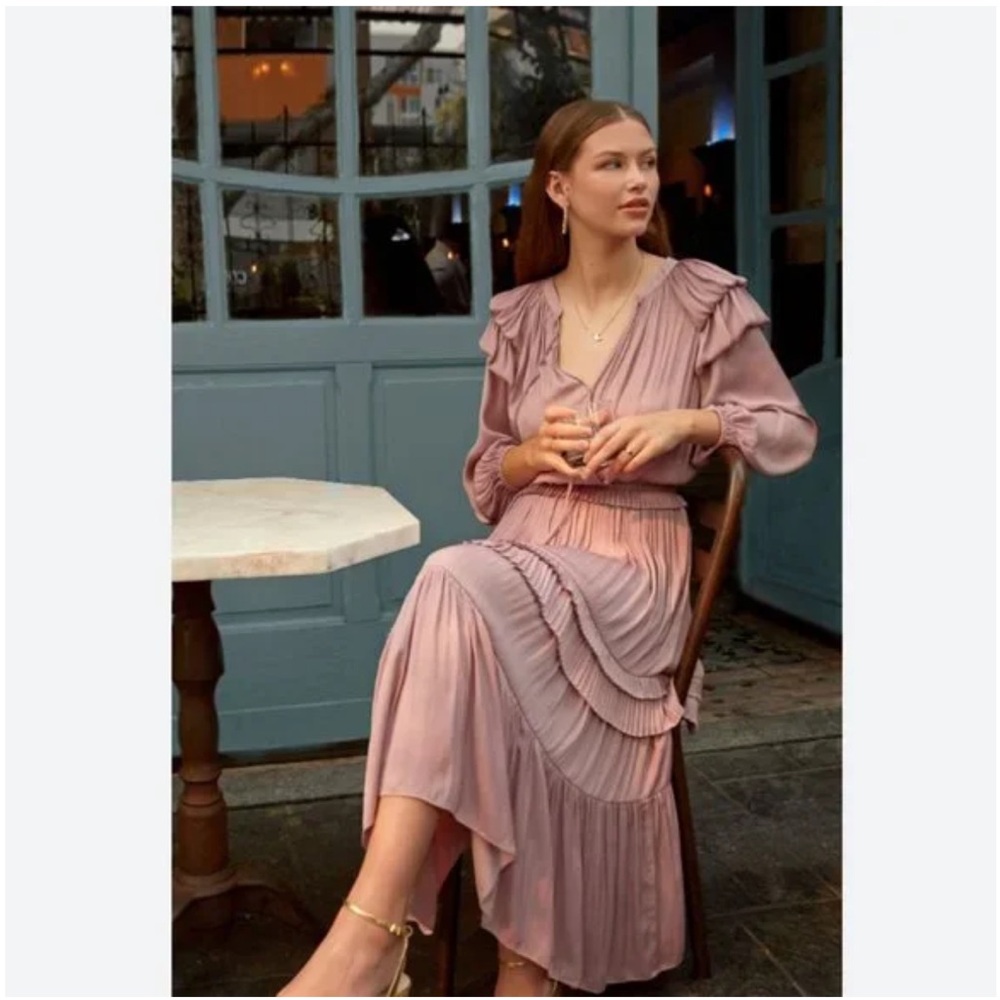 Current Air Silky Midi Ruffle Dress Surplice, size XS Lavender